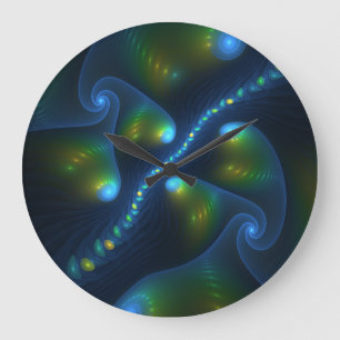 Fantasy Lights Abstract Blue Green Yellow Fractal Large Clock