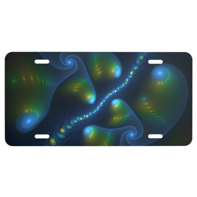 Fantasy Lights Abstract Blue Green Yellow Fractal License Plate (Front)