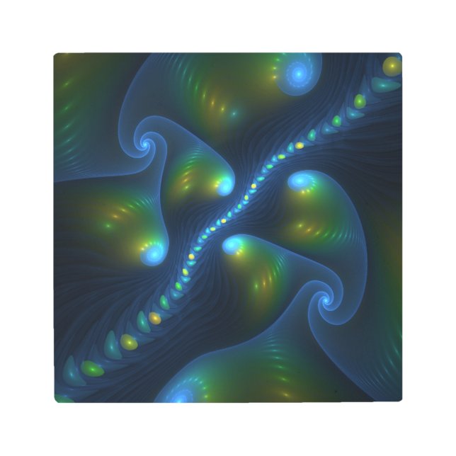 Fantasy Lights Abstract Blue Green Yellow Fractal Metal Print (Front)