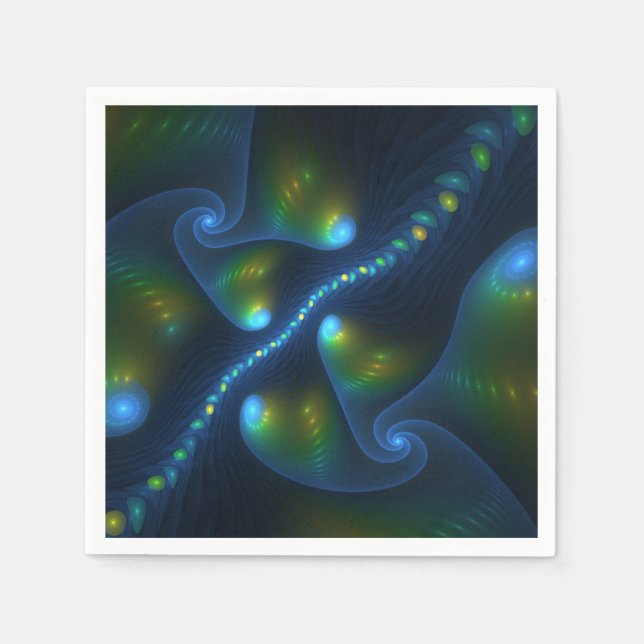 Fantasy Lights Abstract Blue Green Yellow Fractal Napkins (Front)