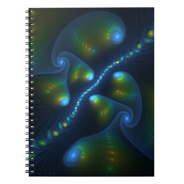 Fantasy Lights Abstract Blue Green Yellow Fractal Notebook (Front)