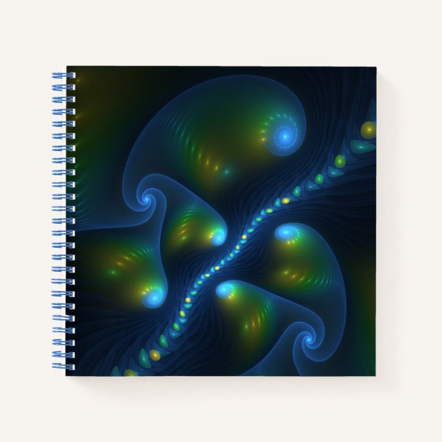 Fantasy Lights Abstract Blue Green Yellow Fractal Notebook (Front)