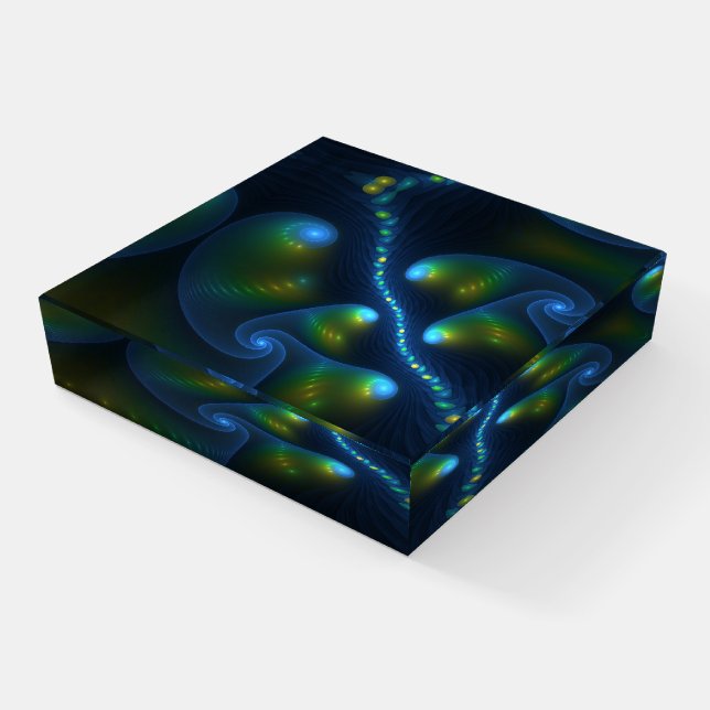 Fantasy Lights Abstract Blue Green Yellow Fractal Paperweight (Angled)