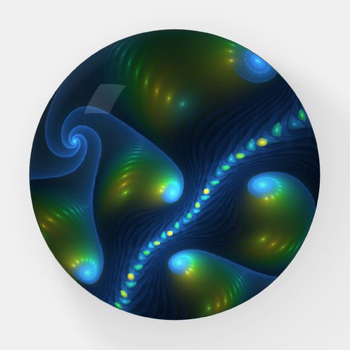 Fantasy Lights Abstract Blue Green Yellow Fractal Paperweight