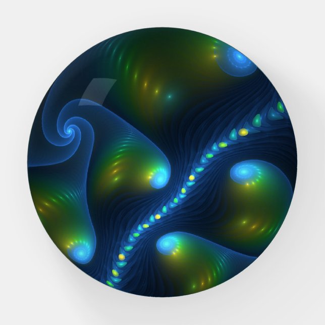 Fantasy Lights Abstract Blue Green Yellow Fractal Paperweight (Front)
