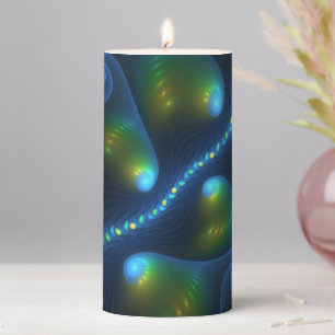 Fantasy Lights Abstract Blue Green Yellow Fractal Pillar Candle