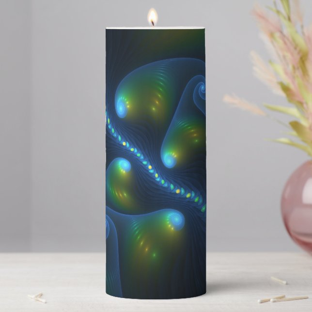 Fantasy Lights Abstract Blue Green Yellow Fractal Pillar Candle (In Situ)