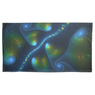Fantasy Lights Abstract Blue Green Yellow Fractal Pillow Case