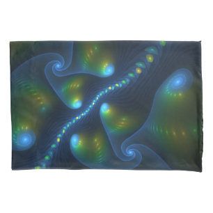 Fantasy Lights Abstract Blue Green Yellow Fractal Pillow Case