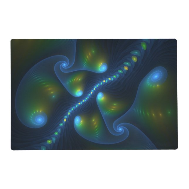 Fantasy Lights Abstract Blue Green Yellow Fractal Placemat (Front)