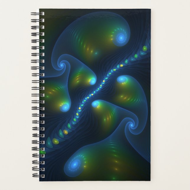 Fantasy Lights Abstract Blue Green Yellow Fractal Planner (Front)