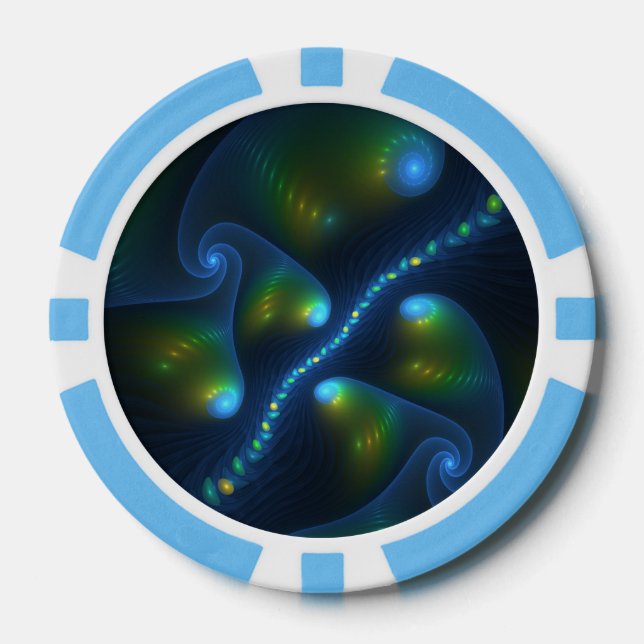 Fantasy Lights Abstract Blue Green Yellow Fractal Poker Chips (Front)