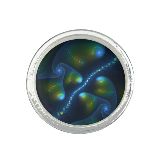 Fantasy Lights Abstract Blue Green Yellow Fractal Ring (Front)