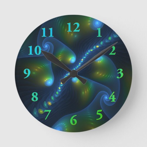 Fantasy Lights Abstract Blue Green Yellow Fractal Round Clock