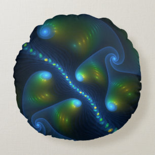 Fantasy Lights Abstract Blue Green Yellow Fractal Round Pillow