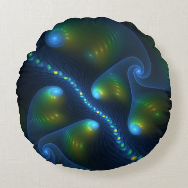 Fantasy Lights Abstract Blue Green Yellow Fractal Round Pillow (Front)