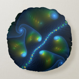 Fantasy Lights Abstract Blue Green Yellow Fractal Round Pillow
