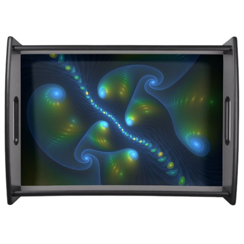 Fantasy Lights Abstract Blue Green Yellow Fractal Serving Tray