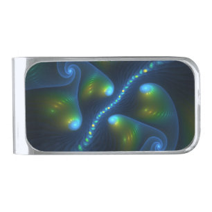 Fantasy Lights Abstract Blue Green Yellow Fractal Silver Finish Money Clip