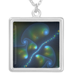 Fantasy Lights Abstract Blue Green Yellow Fractal Silver Plated Necklace