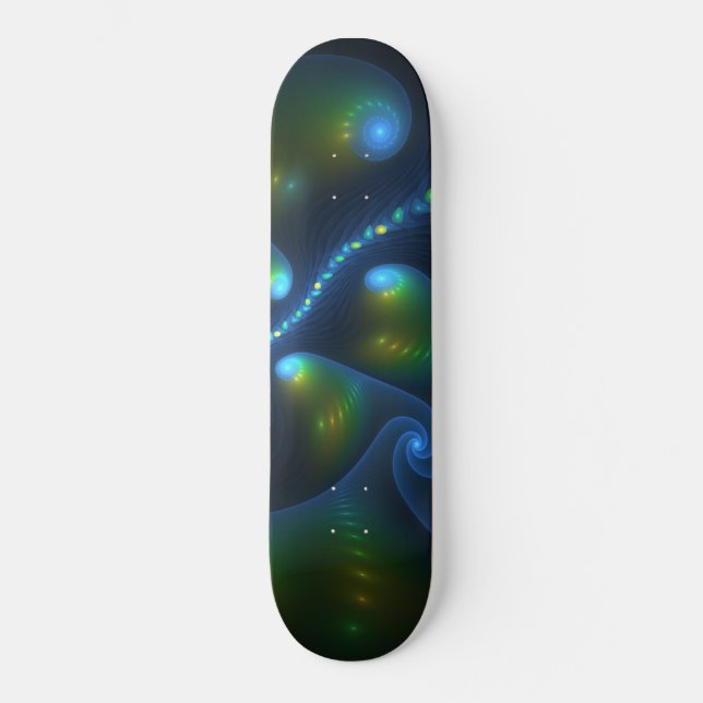 Fantasy Lights Abstract Blue Green Yellow Fractal Skateboard (Front)