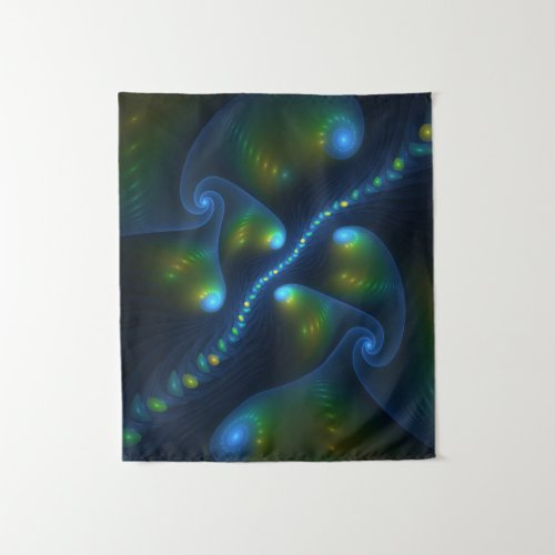 Fantasy Lights Abstract Blue Green Yellow Fractal Tapestry