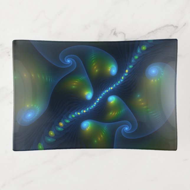 Fantasy Lights Abstract Blue Green Yellow Fractal Trinket Tray (Front)