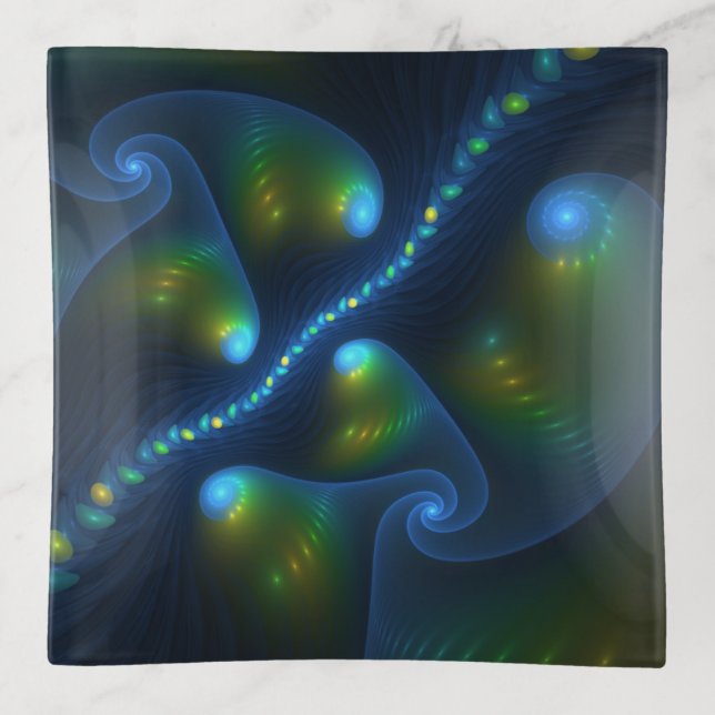 Fantasy Lights Abstract Blue Green Yellow Fractal Trinket Tray (Front)
