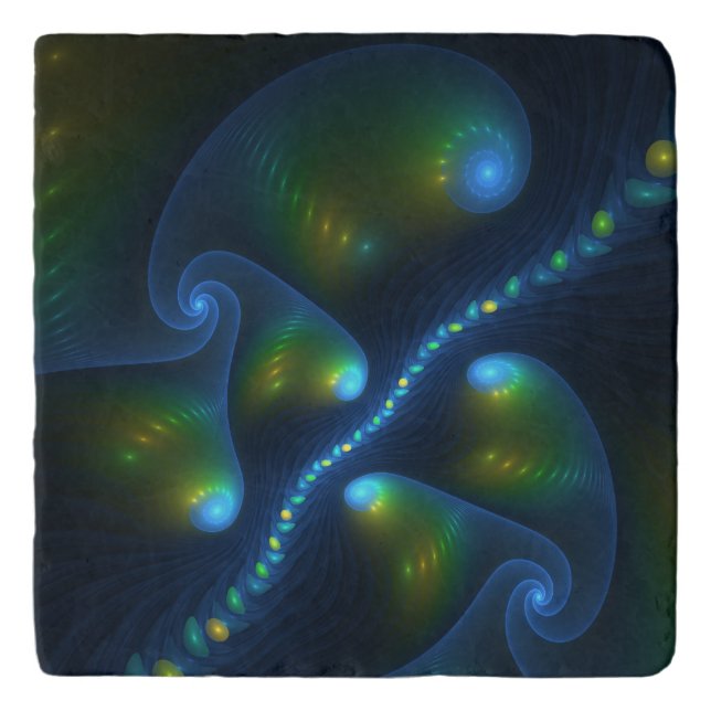 Fantasy Lights Abstract Blue Green Yellow Fractal Trivet (Front)