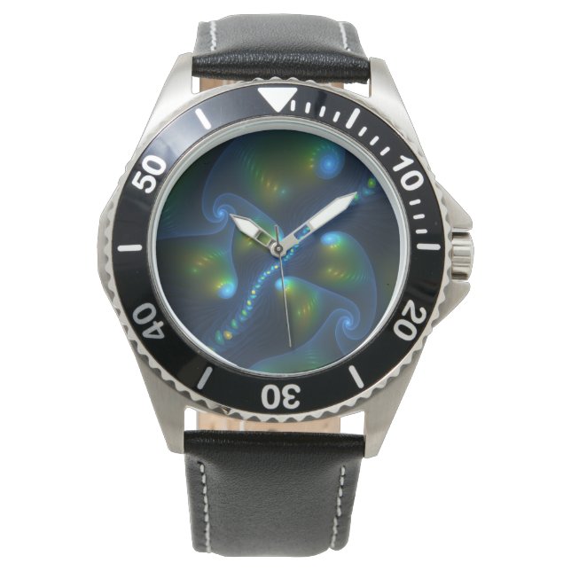 Fantasy Lights Abstract Blue Green Yellow Fractal Watch (Front)