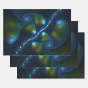Fantasy Lights Abstract Blue Green Yellow Fractal Wrapping Paper Sheets
