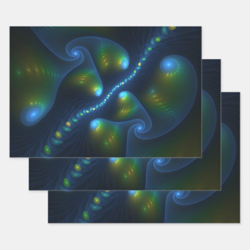 Fantasy Lights Abstract Blue Green Yellow Fractal Wrapping Paper Sheets