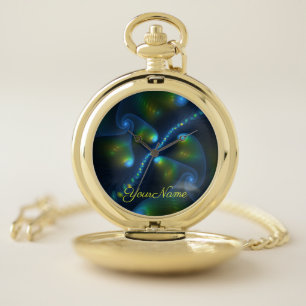 Fantasy Lights Blue Green Yellow Fractal Name Pocket Watch