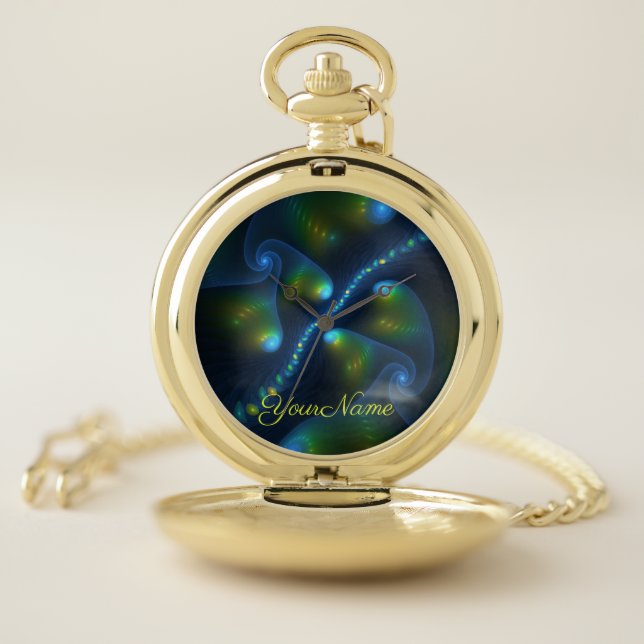 Fantasy Lights Blue Green Yellow Fractal Name Pocket Watch (Inside)