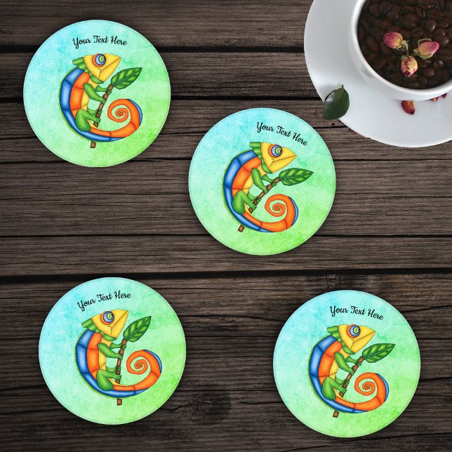 Fantasy Lizard in Bright Colours Branch Leaf Coaster Set (Cute Cartoon Lizard Leaf in vibrant colours on blue green mixed acrylic drink coaster set.)