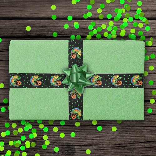 Fantasy Lizard in Vibrant Colours Black Green Dots Satin Ribbon