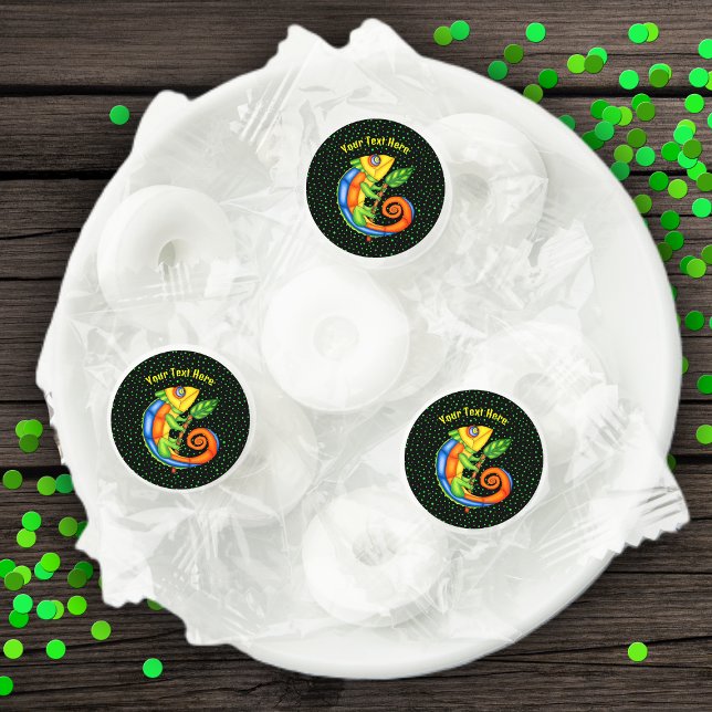 Fantasy Lizard With Leaf Vibrant Colours Polka Dot Life Saver® Mints (Brightly coloured fantasy lizard with leaf on black with bright green polka dots on mint candy favor)
