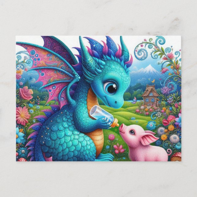 Fantasy lovers dragon pig postcard (Front)