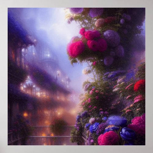 Fantasy Magical Garden Landscape With Mansion Poster