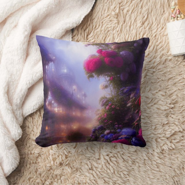 Fantasy Magical Garden Landscape With Mansion Throw Pillow (Blanket)