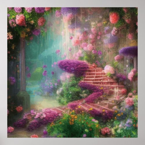 Fantasy Magical Garden With Flowers And Stairs  Poster