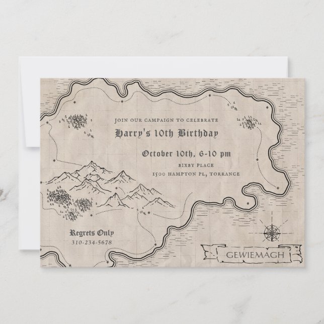 Fantasy Map Role Playing Game Campaign Birthday Invitation (Front)