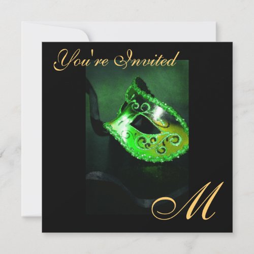 Fantasy Masquerade Mask Monogram Green Invitation
