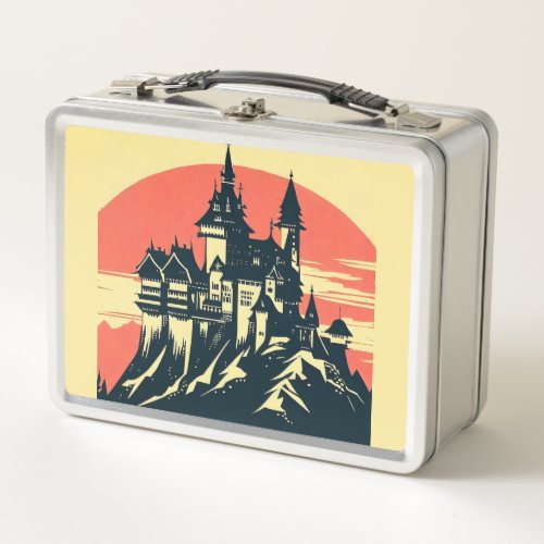 Fantasy Medieval Castle _ Japanese Woodcut Style  Metal Lunch Box