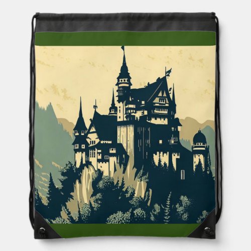 Fantasy Medieval Castle _ Woodcut 1 Drawstring Bag