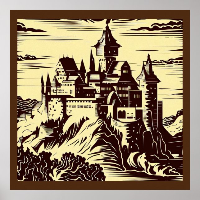 Fantasy Medieval Castle - Woodcut 2 Poster (Front)