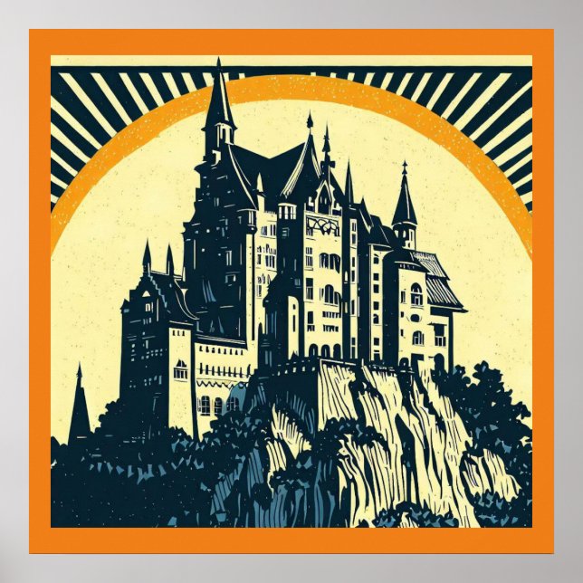 Fantasy Medieval Castle - Woodcut 3 Poster (Front)