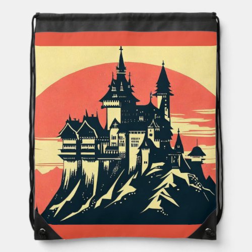 Fantasy Medieval Castle _ Woodcut 4 Drawstring Bag