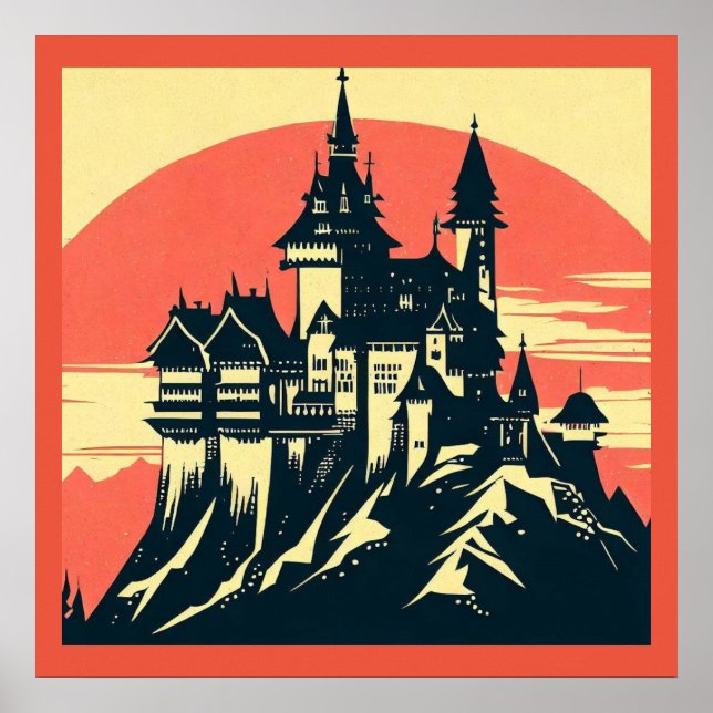 Fantasy Medieval Castle - Woodcut 4 Poster (Front)