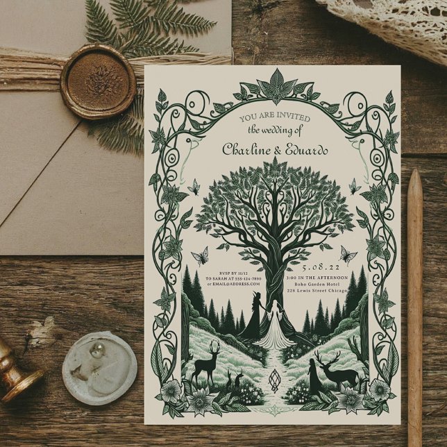 An ornate wedding invitation inspired by The Lord of the Rings book series, placed on a rustic wooden table. The card is surrounded by an envelope decorated with wax stamps, twine, and a fern leaf.